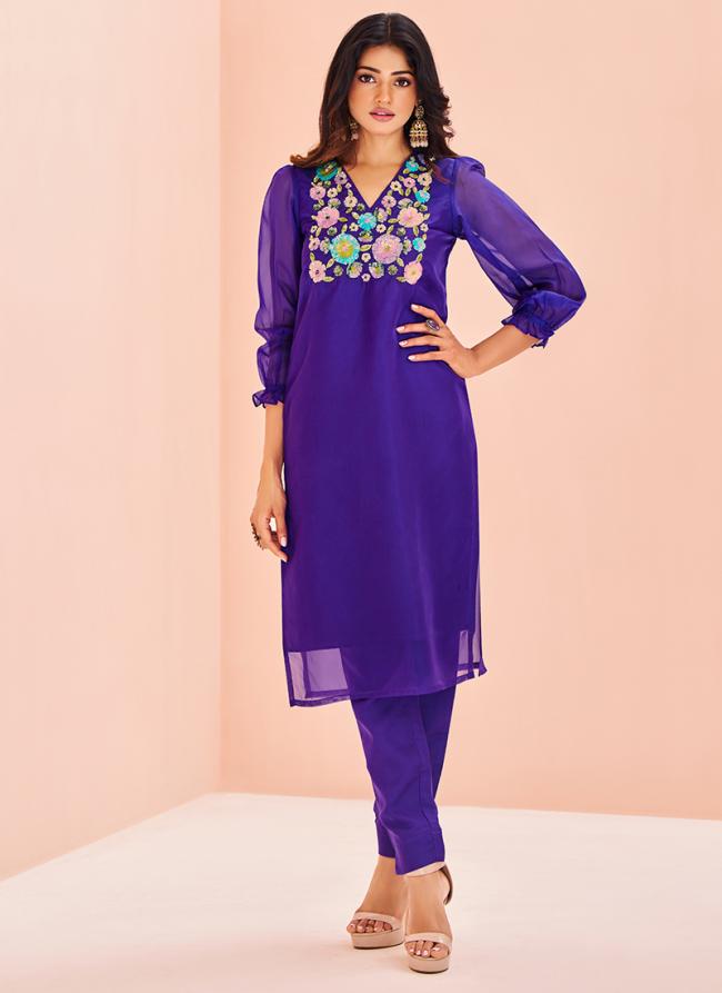 Organza Purple Party Wear Hand Work Readymade Kurti With Pant